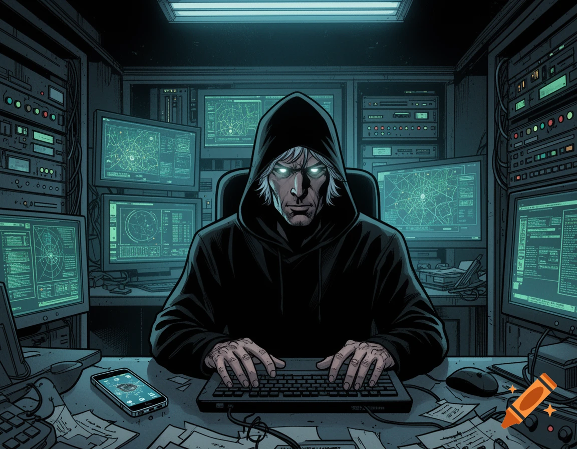 Comic book art of a hooded hacker with glowing eyes typing at a keyboard, surrounded by multiple computer screens displaying maps and code.