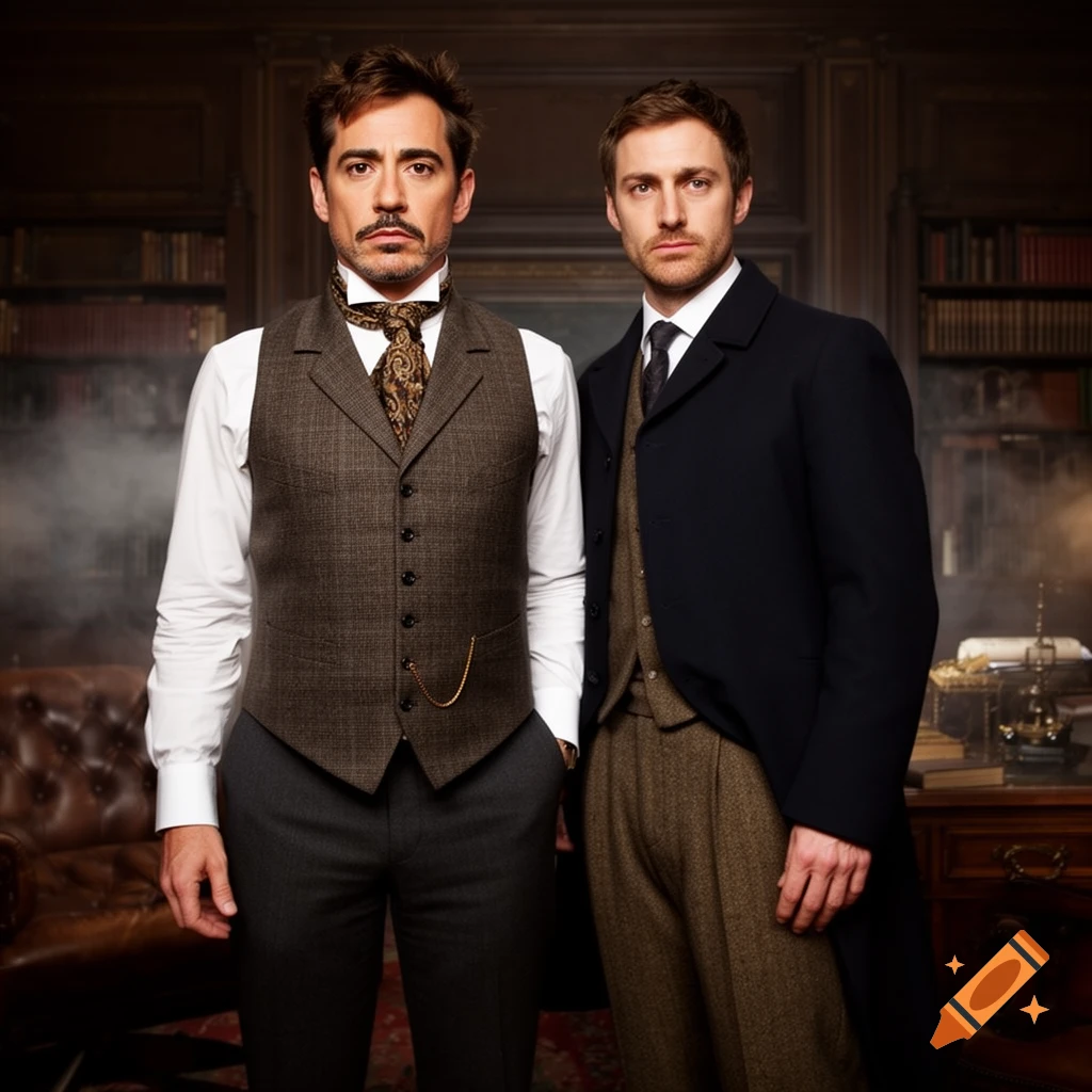 Two men resembling Sherlock Holmes and Watson in Victorian suits stand in a dimly lit study, looking forward.