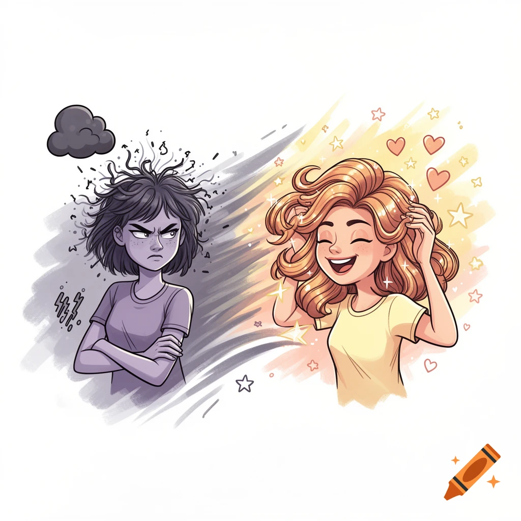 Cartoon illustration of a woman showing a transformation from annoyed with messy hair to happy with perfectly styled hair.