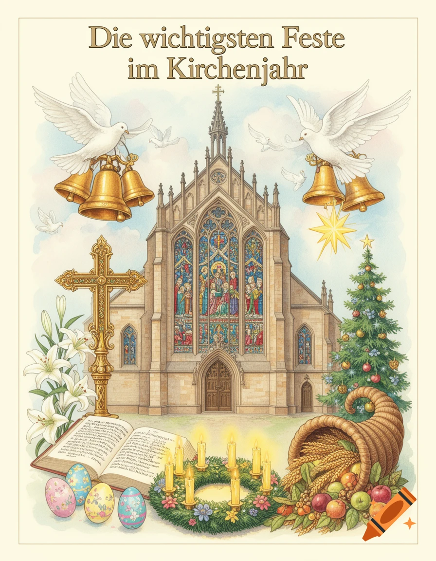 Watercolor illustration of a church with doves, bells, cross, lilies, open Bible, Easter eggs, Advent wreath, Christmas tree, and cornucopia, titled 'Die wichtigsten Feste im Kirchenjahr'.