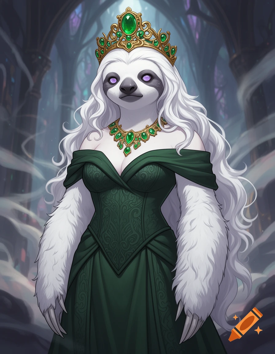 An albino sloth queen with white fur, a gold and emerald crown, and a dark green gown stands in a mystical cathedral.