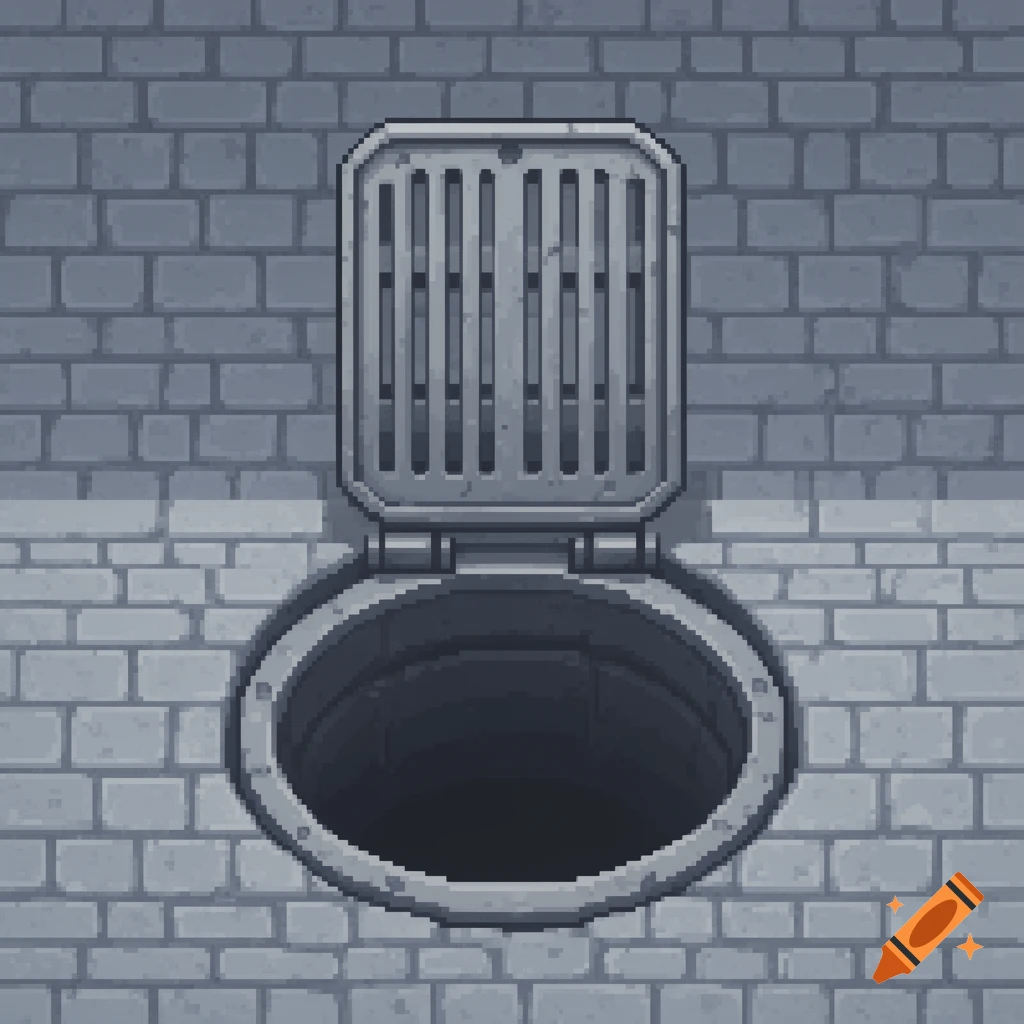 Pixel art game sprite of an open manhole with its grated cover standing vertically, on a gray brick background.