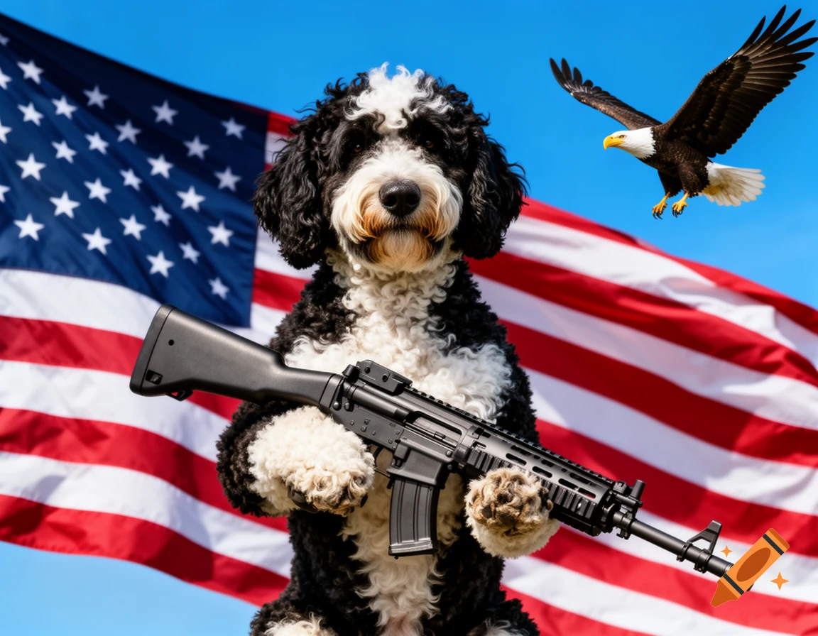 A black and white Labradoodle dog stands in front of a waving American flag, holding an assault rifle, with a bald eagle flying overhead in a blue sky.