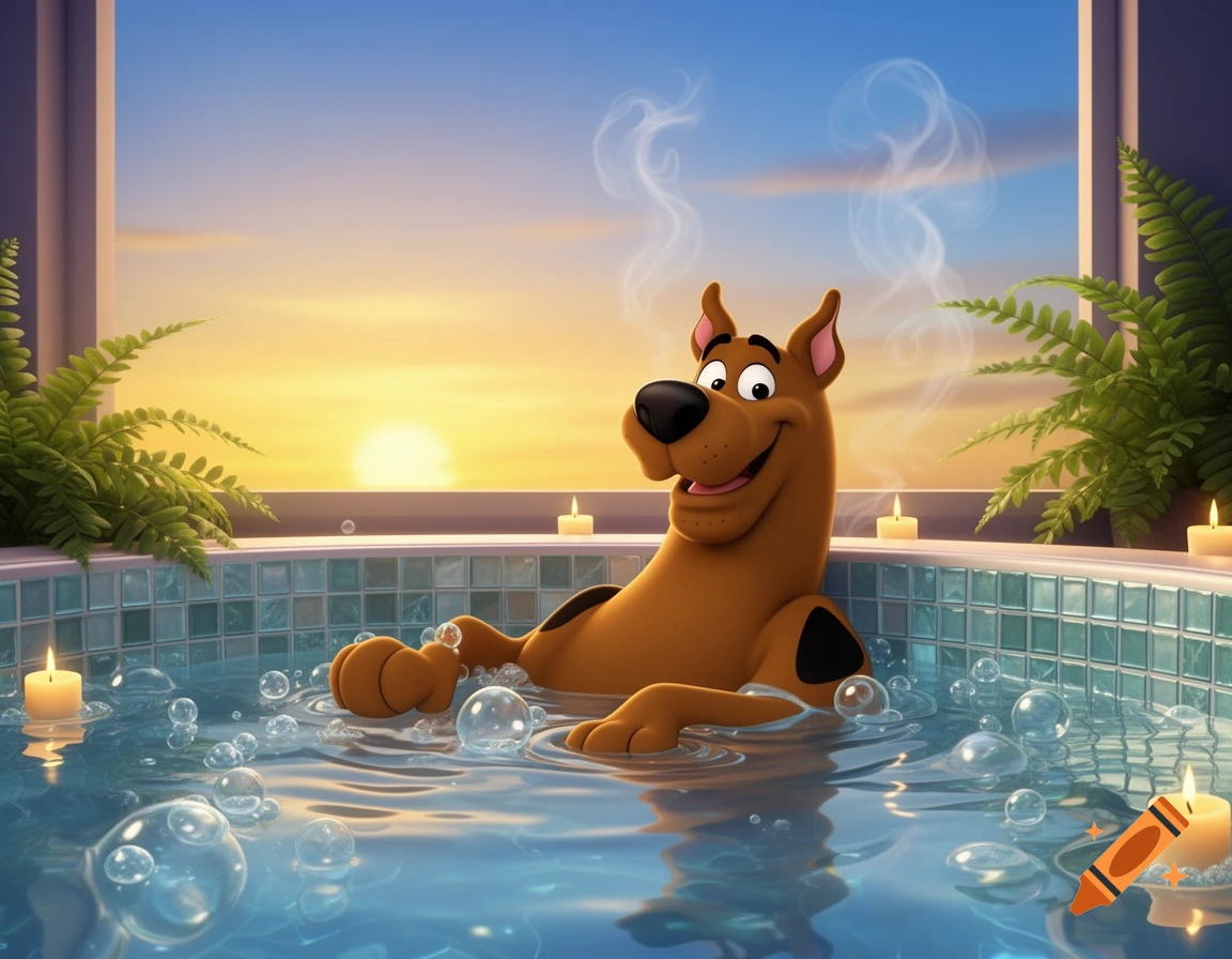 Scooby-Doo relaxing chest-deep in a bubbly hot tub with candles and plants at sunset, in 3D animation style.