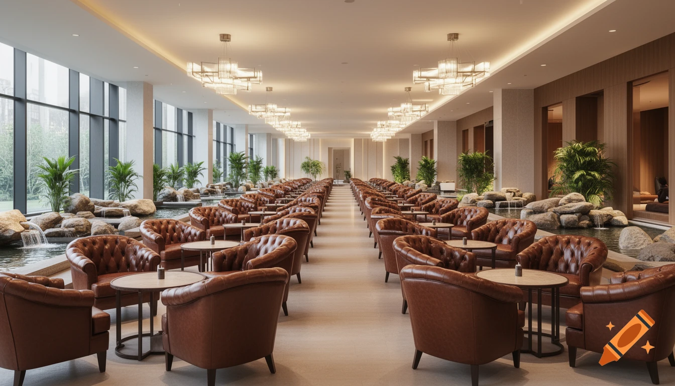 Spacious modern lounge with rows of brown leather armchairs, round tables, indoor rock gardens with water features, and large windows.