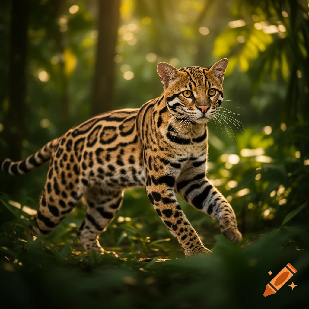 A photorealistic ocelot with spotted fur walks through a lush, sunlit jungle, looking to the right.