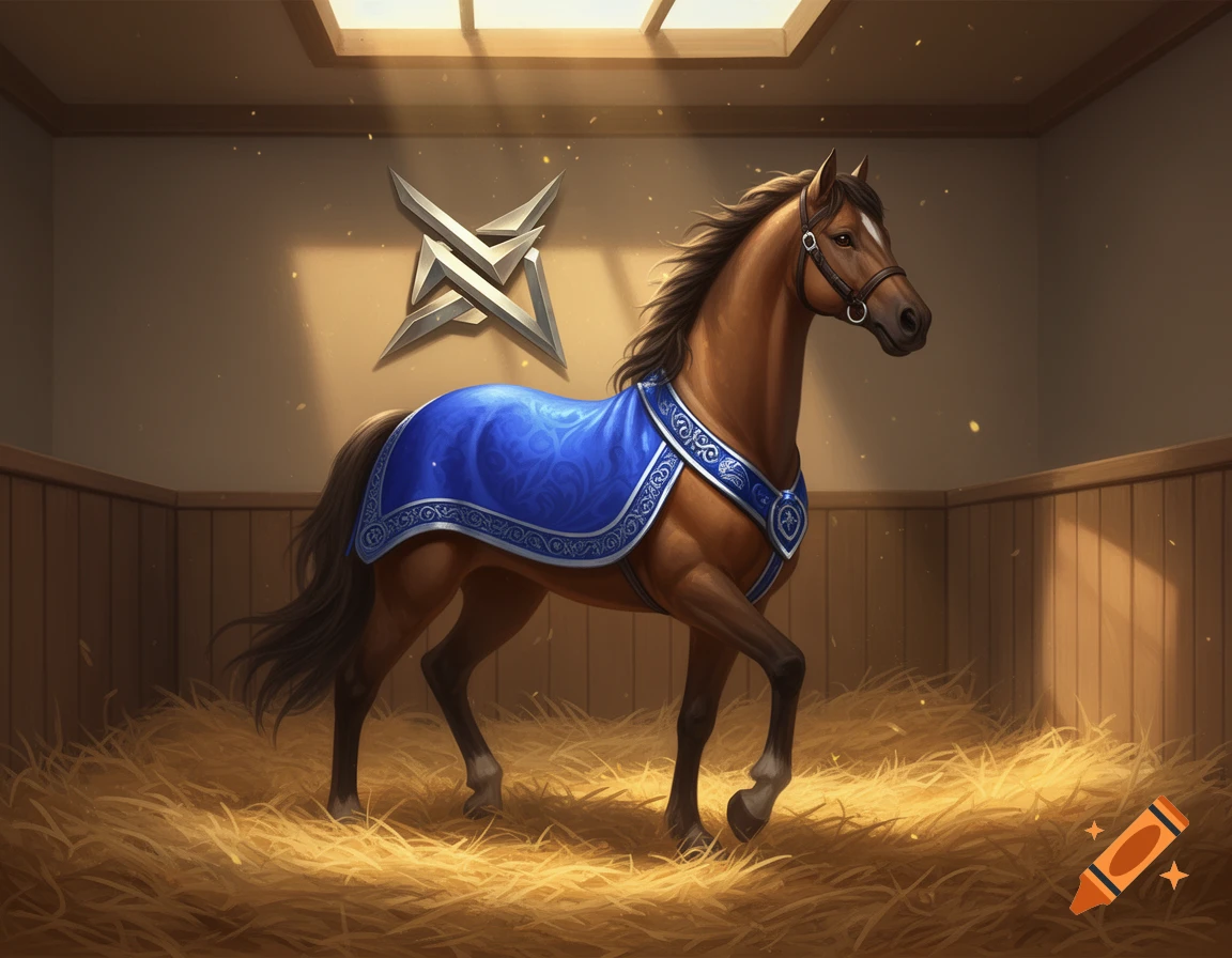 A majestic brown horse wearing a blue blanket with ornate silver trim stands in a straw-filled stable, with a metallic abstract logo on the wall.