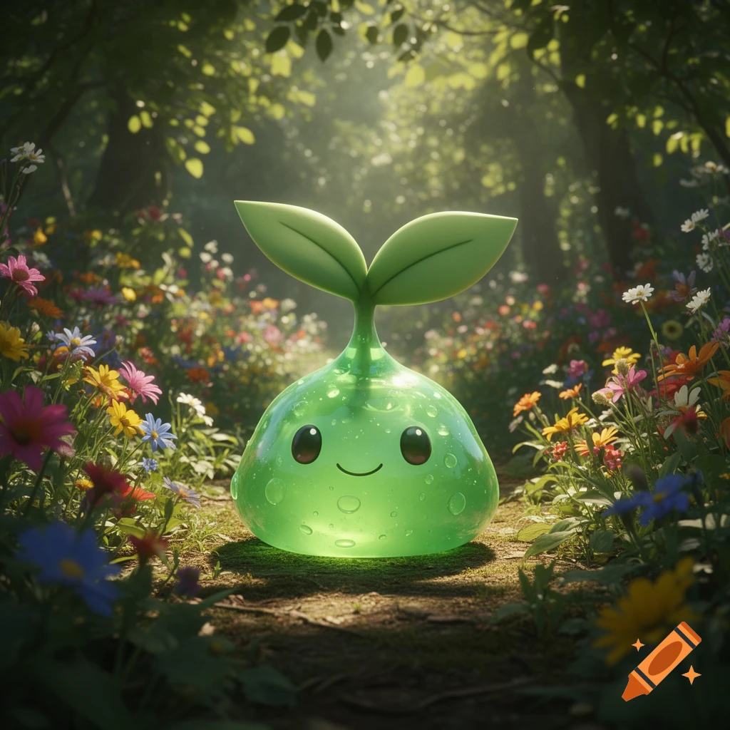 A cute, glowing green, blob-like creature with leaves on its head sits on a forest path surrounded by colorful wildflowers.