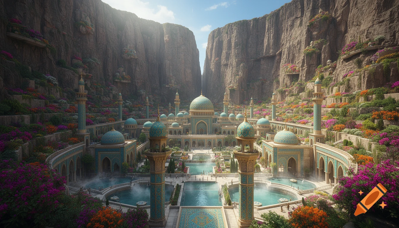 A grand Islamic-style city with teal domes, pools, and lush gardens nestled within a deep, flower-covered gorge.