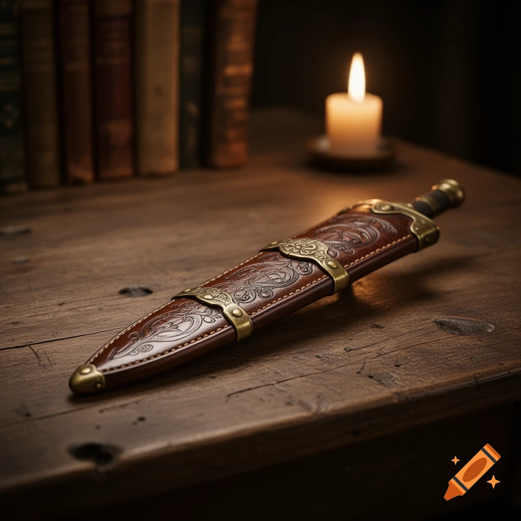 An ornate brown leather scabbard with brass fittings lies on a rustic wooden table, with blurred books and a candle in the background.