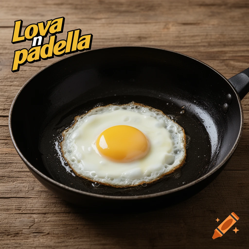A fried egg cooks in a black frying pan on a rustic wooden surface, with the text 'Lova n' padella' in the upper left.