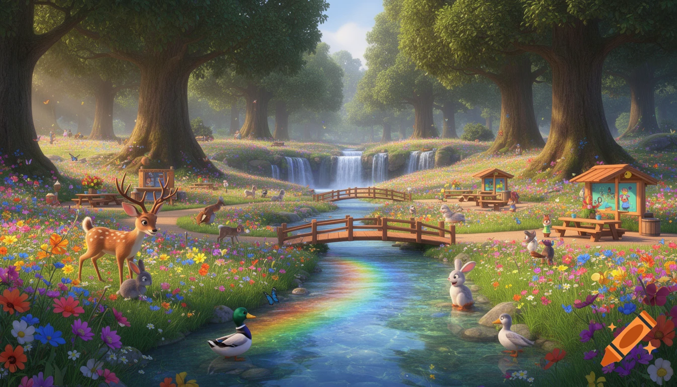 A vibrant Pixar-style forest meadow with a rainbow creek, waterfalls, wooden bridges, friendly deer, rabbits, and ducks amidst colorful wildflowers.