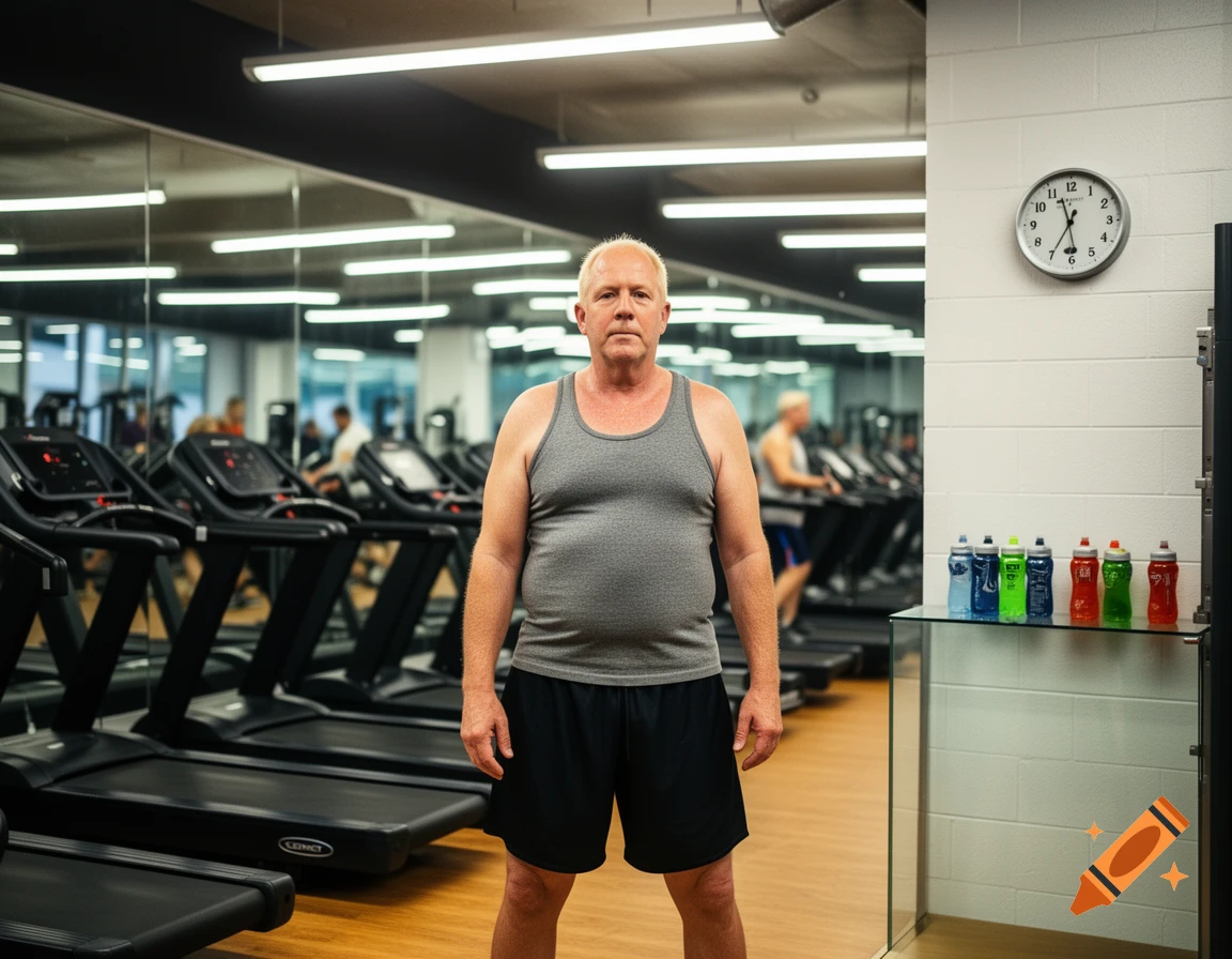 An overweight, balding man in a grey tank top and black shorts stands in a gym with treadmills and mirrors.