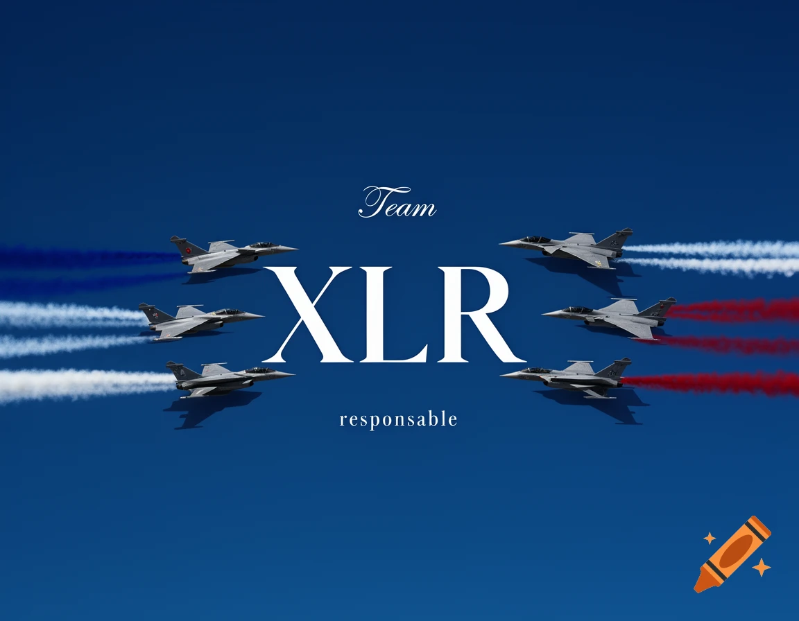 Six Rafale jets in formation with blue, white, and red smoke trails, against a blue sky, featuring 'Team XLR responsible' text.