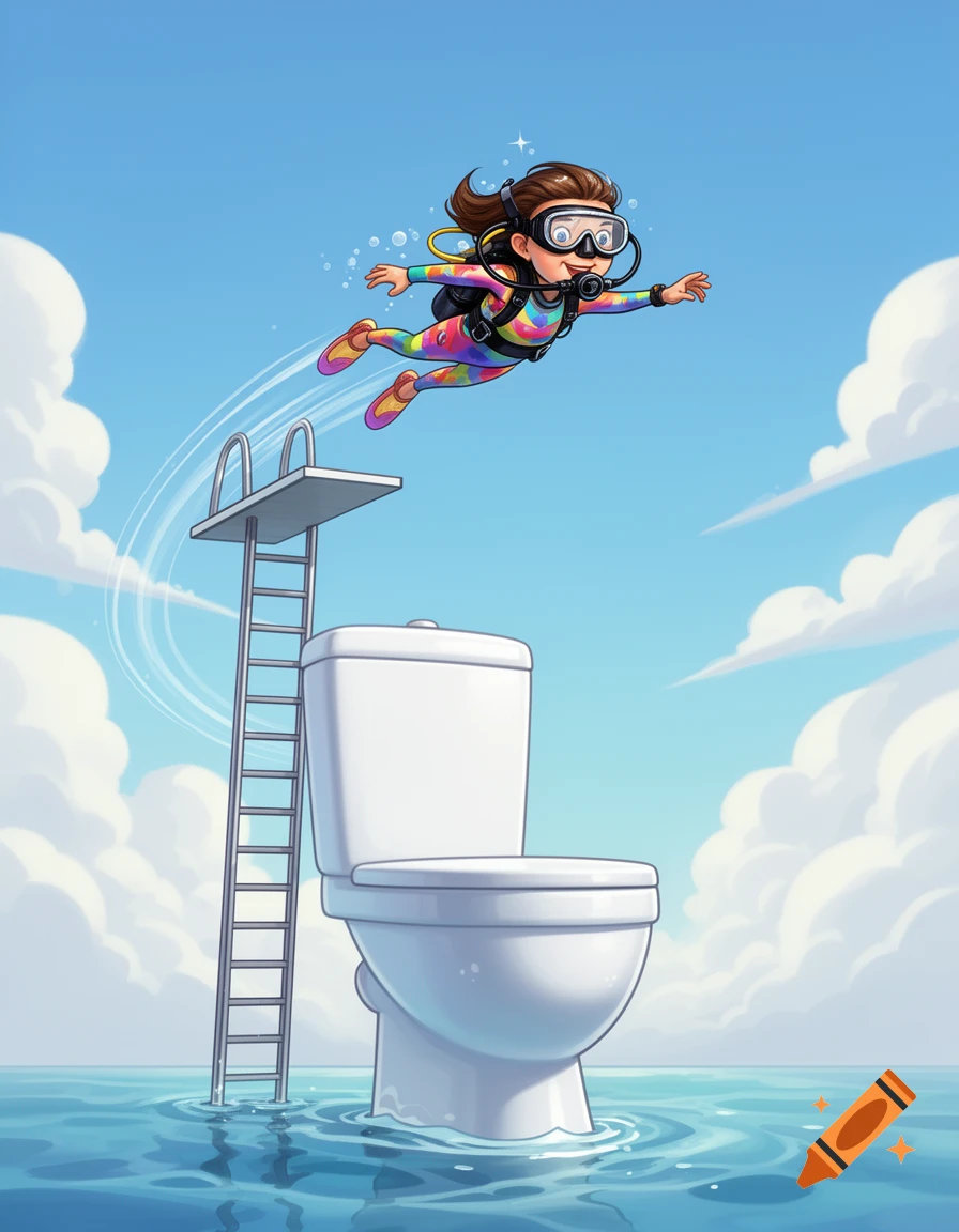 A cartoon girl in a rainbow wetsuit and scuba gear dives from a tall diving board into a toilet in the ocean.