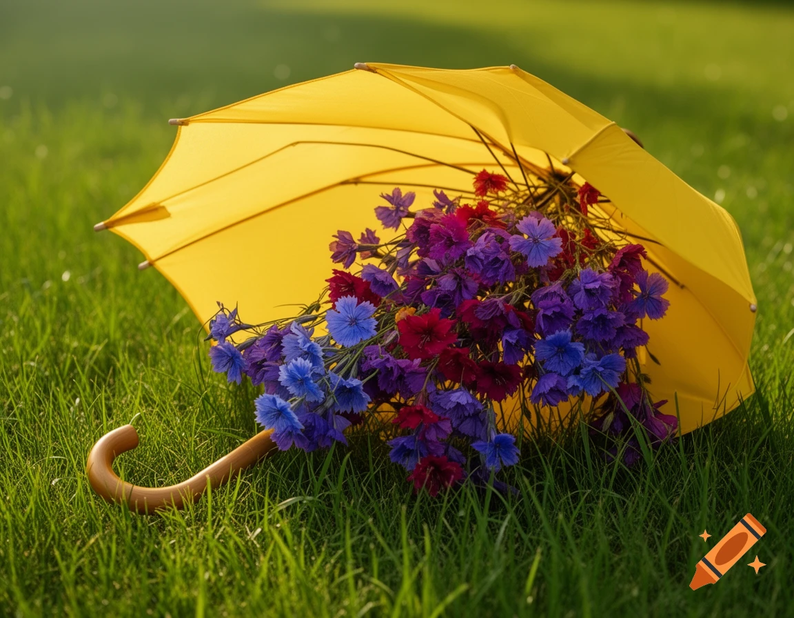 Bright yellow umbrella filled with blue, purple, and red wildflowers, lying upside down on green grass in natural light.