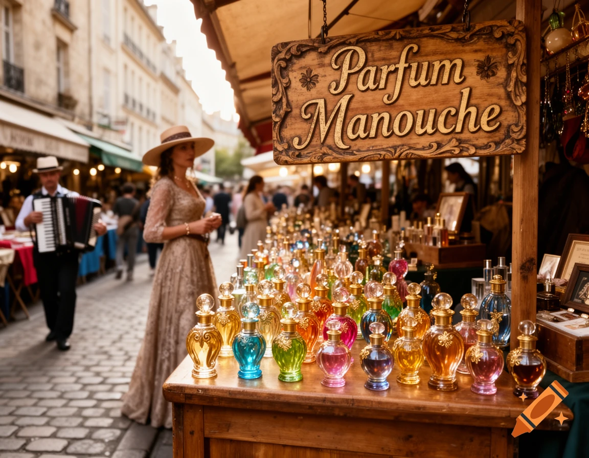 Photorealistic image of a vintage perfume stall on a cobblestone street with a woman and an accordion player. Sign: Parfum Manouche.