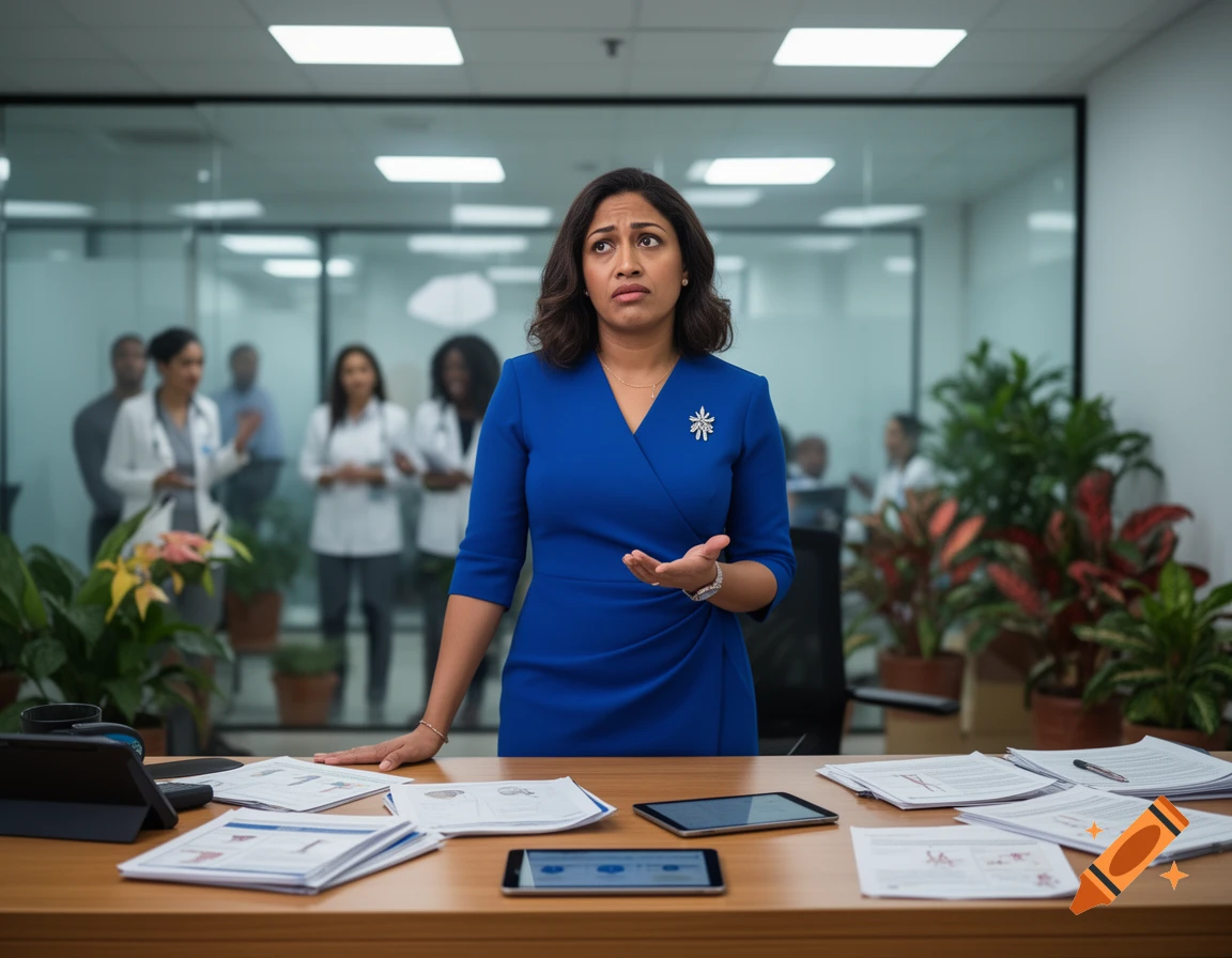 A professional woman in a blue dress stands thoughtfully behind a desk in an office, with blurred colleagues in the background.