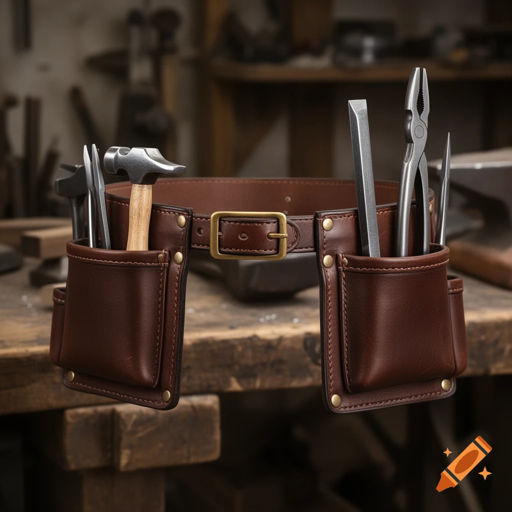 A photorealistic close-up of a brown leather tool belt with a hammer, pliers, chisel, and pick, set on a wooden workbench.