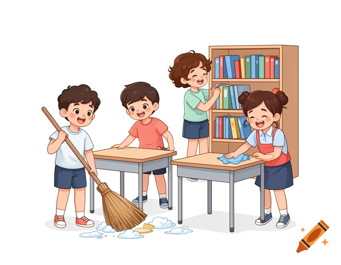 Four diverse children happily cleaning a classroom, one sweeping, one wiping a desk, one organizing books, in a simple 2D vector cartoon style.