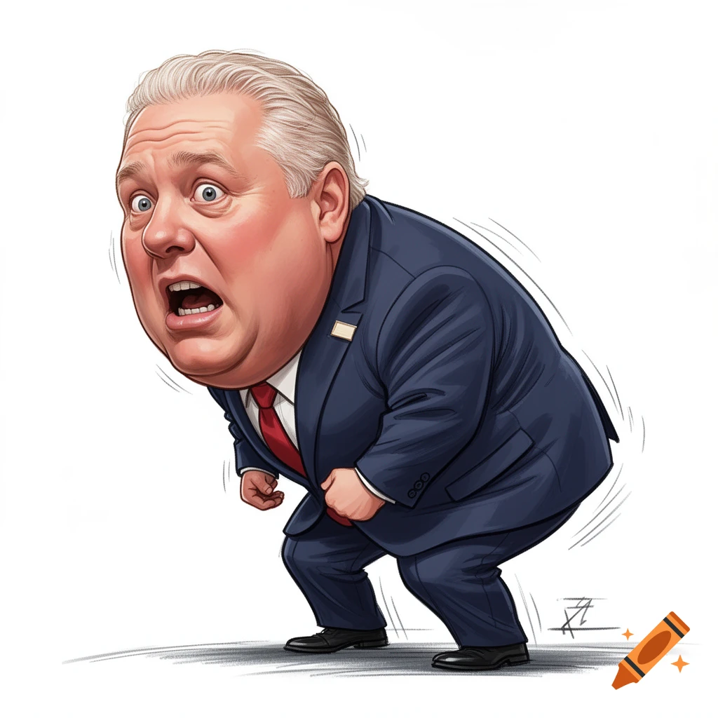Caricature of a portly man in a blue suit and red tie, hunched over with a scared, wide-eyed expression.
