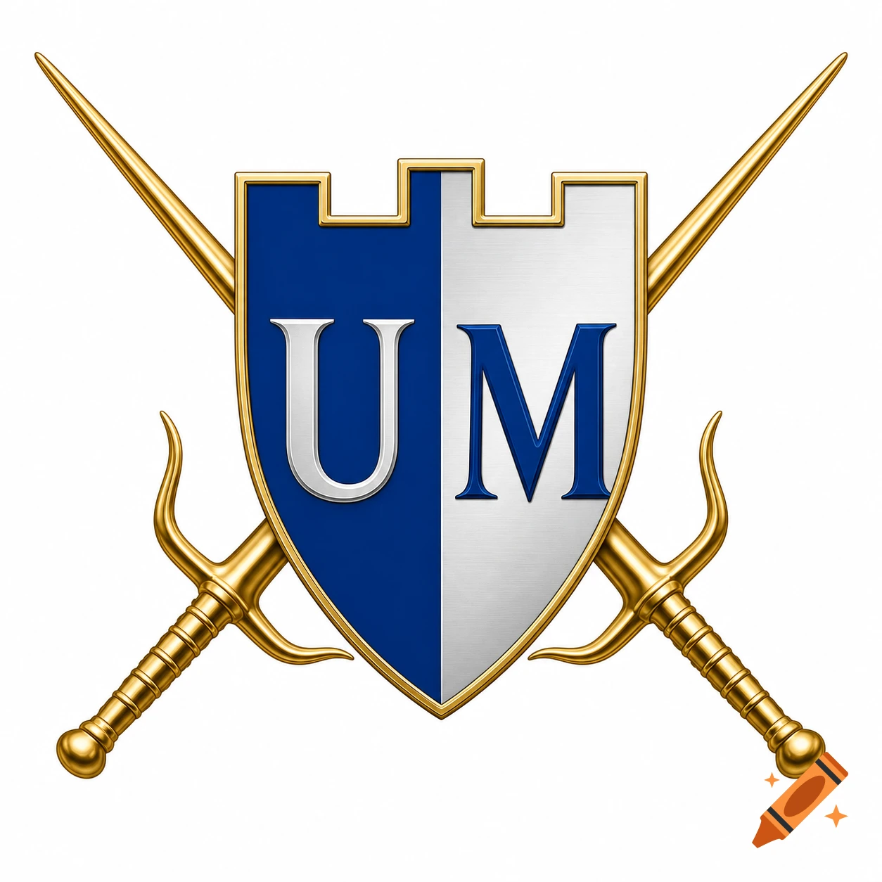 A heraldic crest shield with castle battlements, split blue and silver, featuring a silver "U" and a blue "M", with crossed golden sais behind.