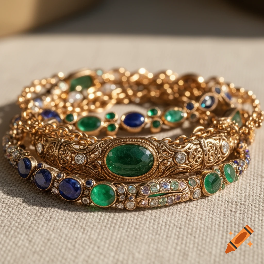 Ornate gold bracelets with green emeralds, blue sapphires, and diamonds on a textured fabric.