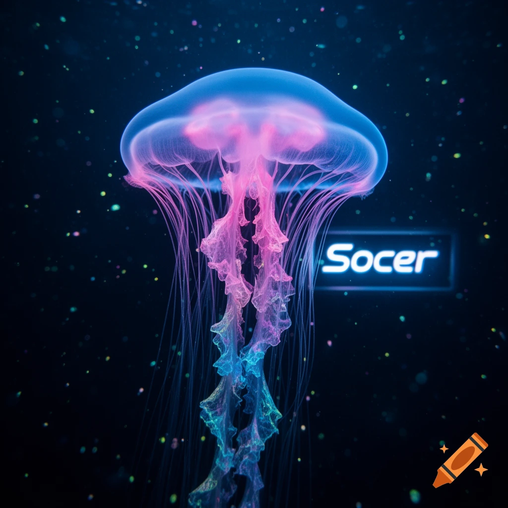 A vibrant, glowing neon jellyfish with blue and pink hues, against a dark background with sparkling particles, next to the word 'Socer'.