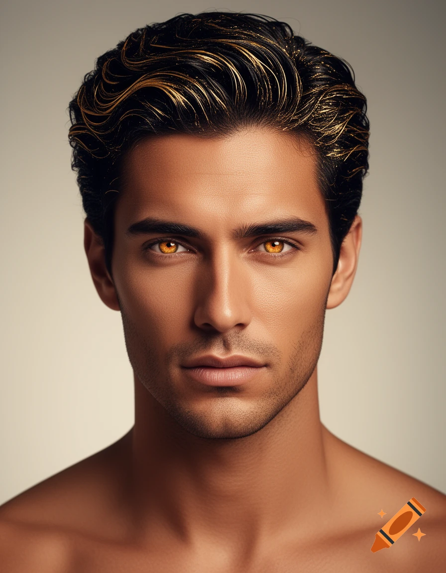 A handsome man with golden-tan skin, amber-gold eyes, and dark hair threaded with gold, looking directly forward.