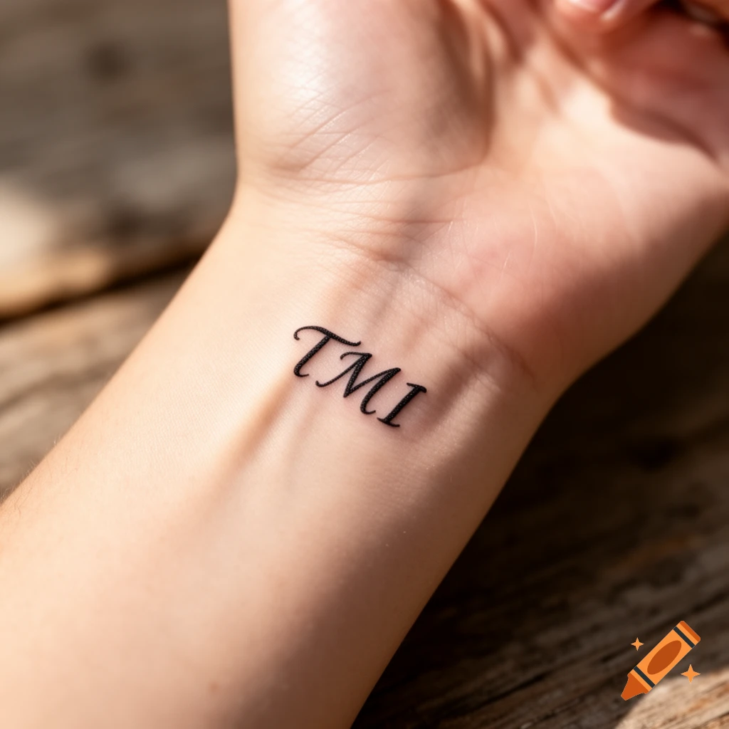 Close-up of a subtle black 'TMI' tattoo on a person's wrist.