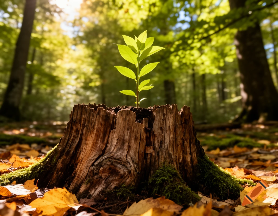 A bright green seedling sprouts from an old, mossy tree stump on a sunlit forest floor amidst yellow fallen leaves.