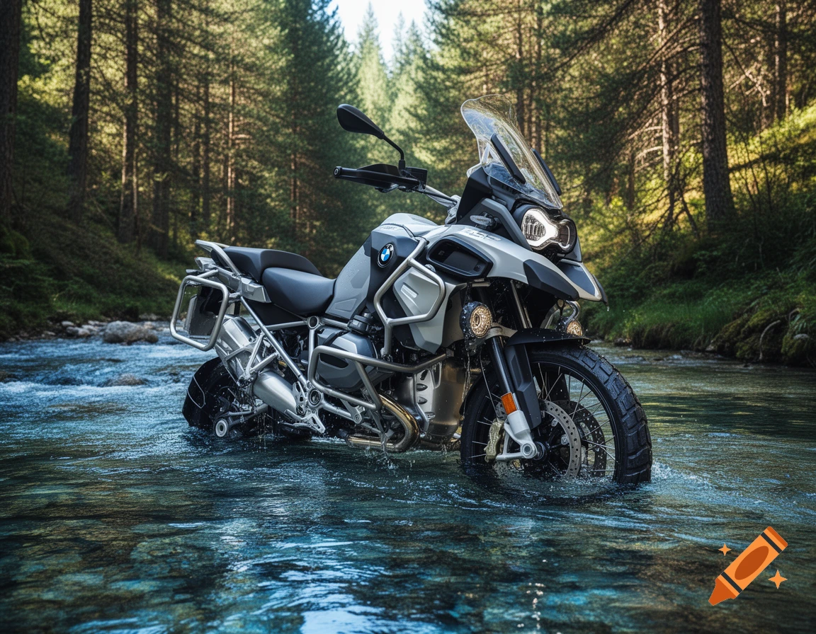 Photorealistic image of a BMW 1250GSA adventure motorcycle partially submerged in a shallow river in a dense forest.