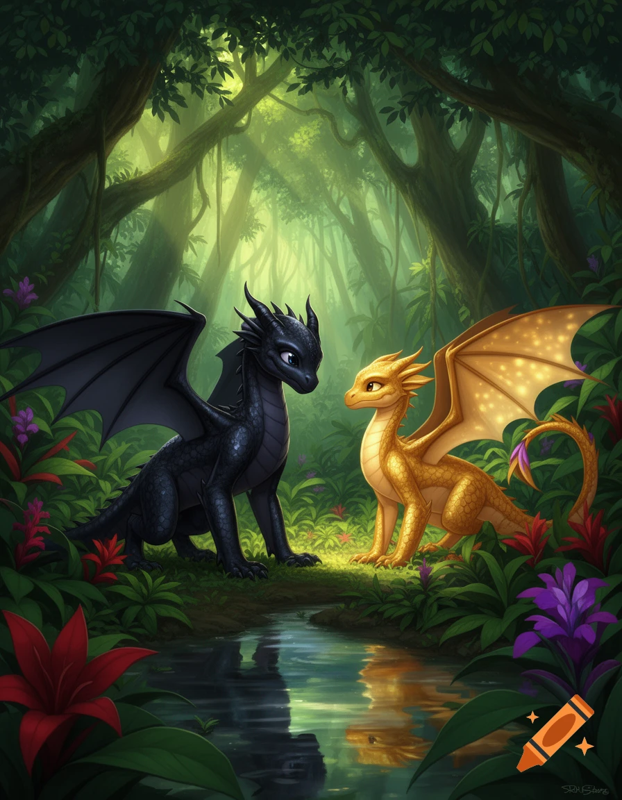 A black dragon and a golden dragon gaze at each other across a stream in a lush, sun-dappled jungle.