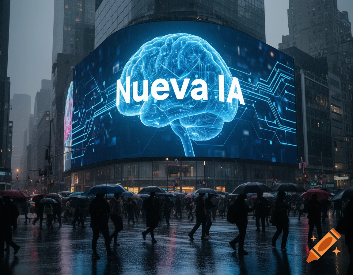 Photorealistic image of a rainy city street at dusk, with pedestrians and a large billboard showing a glowing blue brain and 'Nueva IA'.