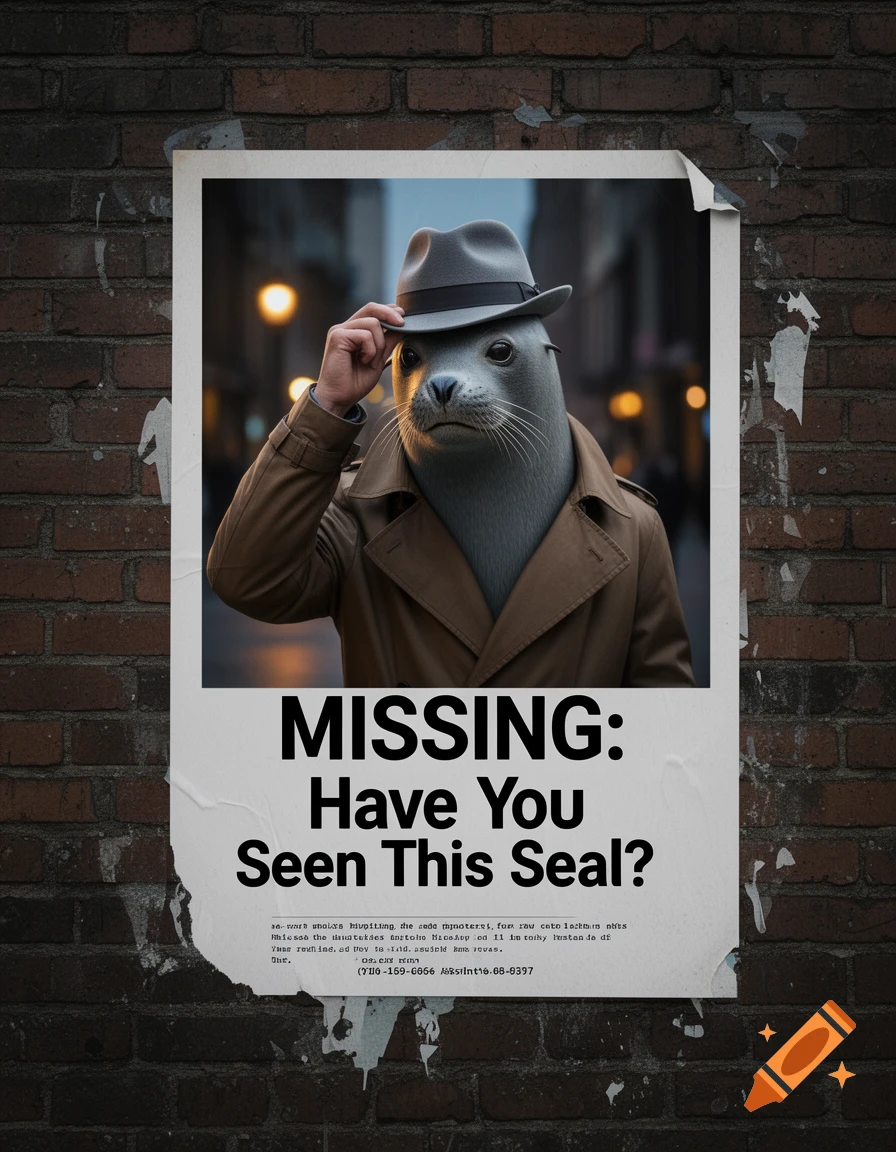 A photorealistic missing person poster featuring a seal in a trench coat and fedora, tacked to a brick wall. The headline reads "MISSING: Have You Seen This Seal?"