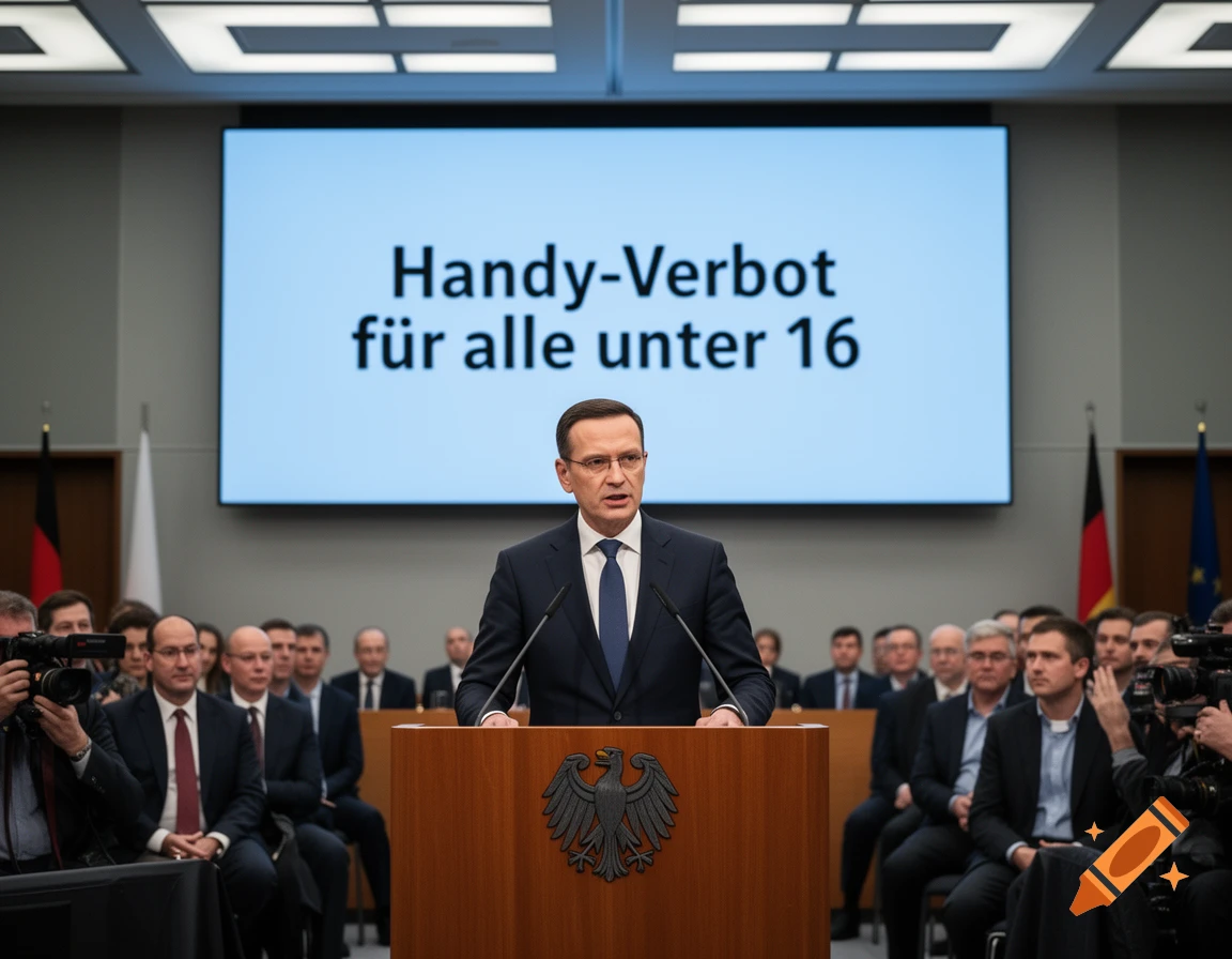 A man in a dark suit speaks at a wooden podium with an eagle emblem, in a formal room. A screen behind him displays 'Handy-Verbot f R alle unter 16'.