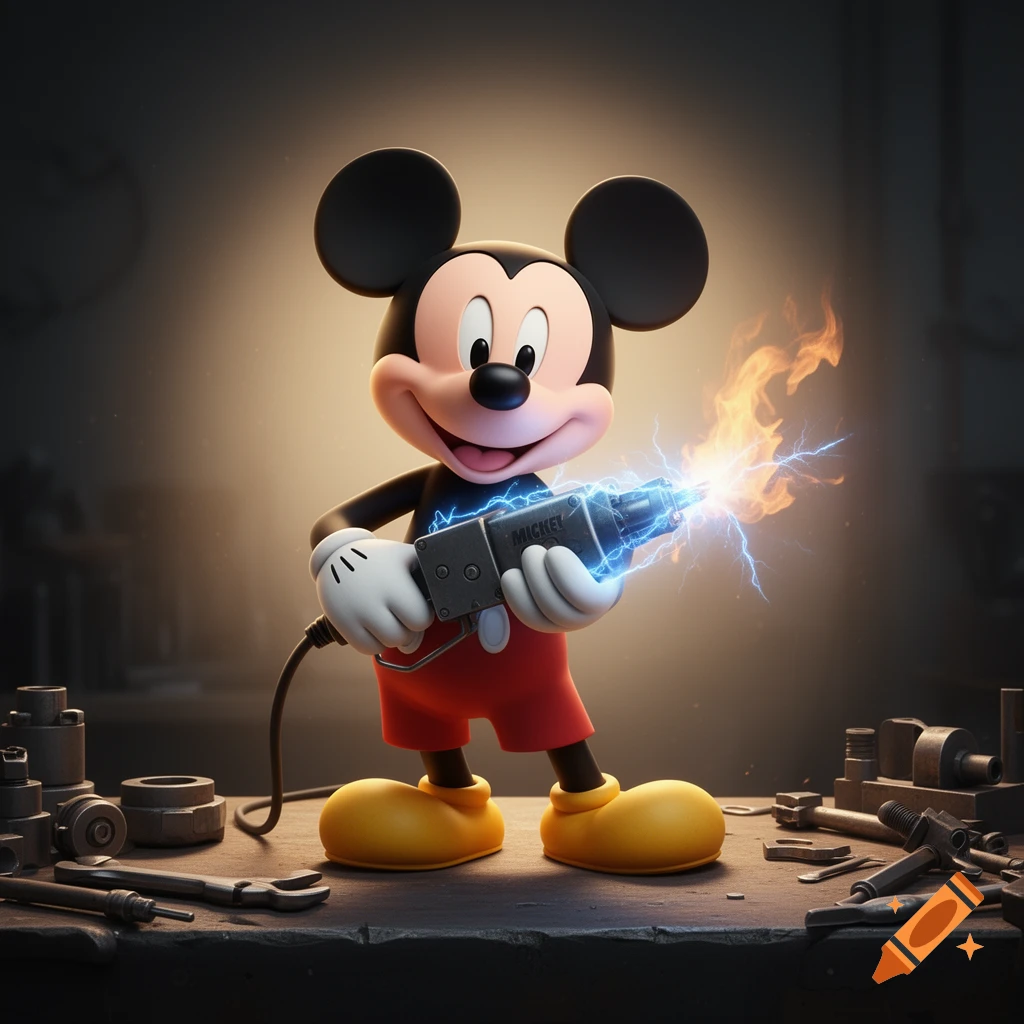 Mickey Mouse, a cartoon character, holds a welding machine with blue electrical sparks and orange flames emitting from its tip in a workshop.