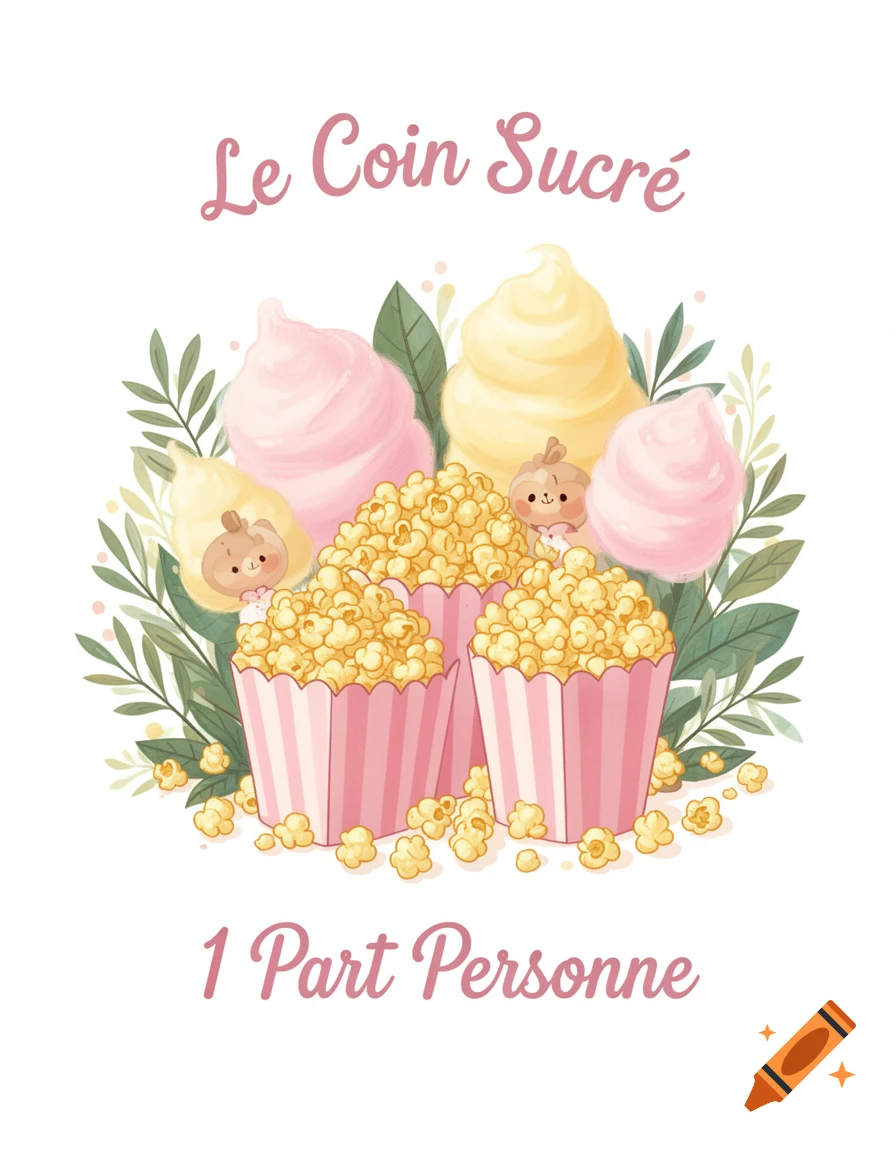 Watercolor illustration of popcorn and cotton candy with green foliage and small cute faces. Text reads 'Le Coin Sucré' and '1 Part Personne'.