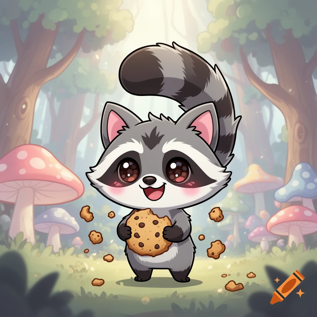 A cute chibi raccoon happily holds a chocolate chip cookie in a whimsical forest with colorful mushrooms.
