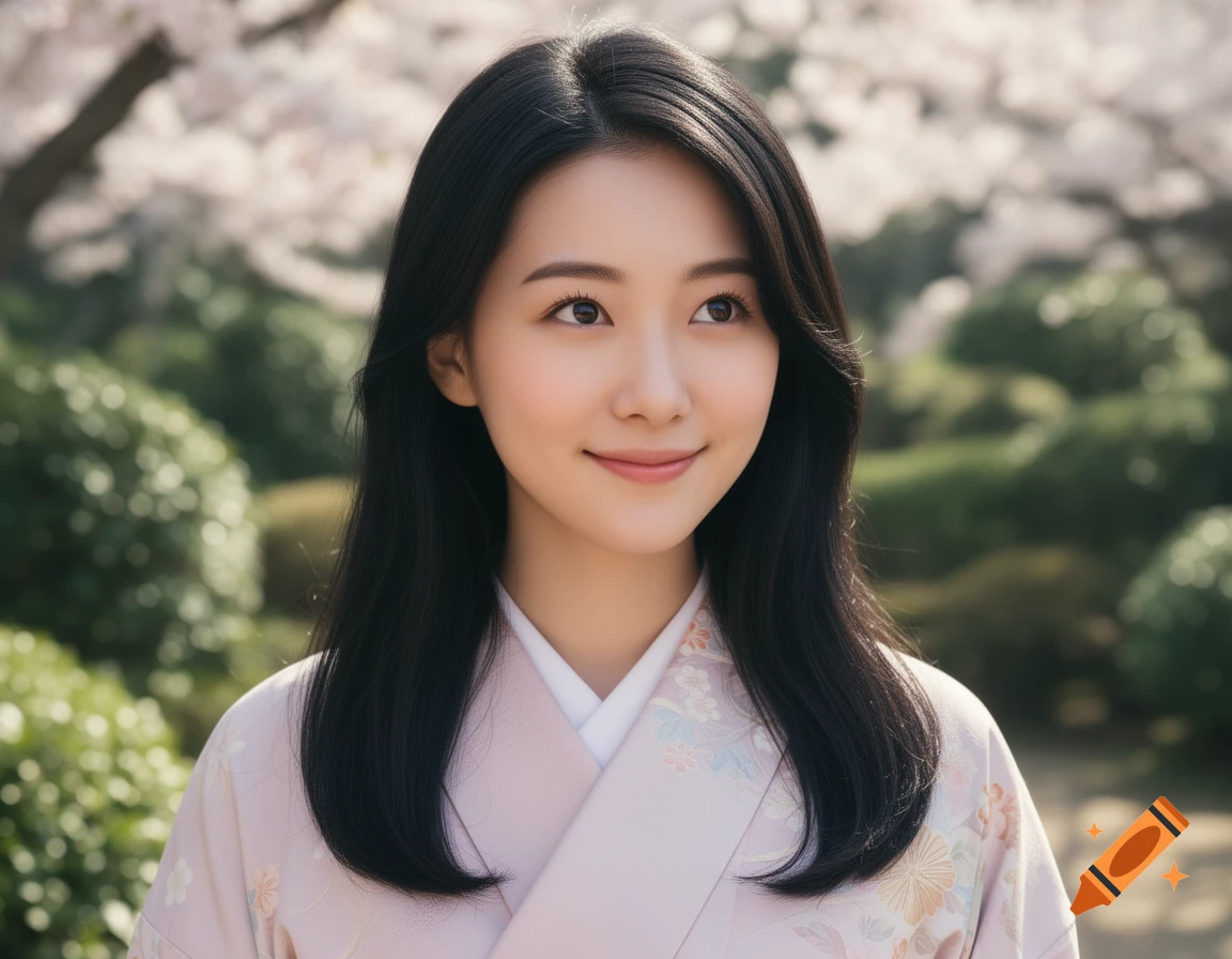 A smiling young East Asian woman with long black hair, wearing a light pink kimono with floral patterns, stands in a soft-focus garden with cherry blossoms.
