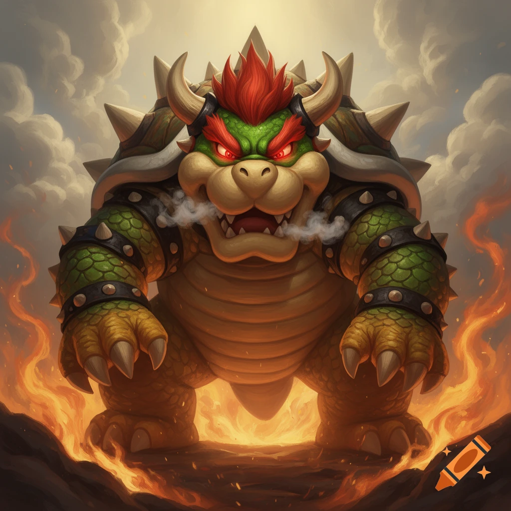 An angry, scaly Bowser with fiery red hair and glowing red eyes, exhaling smoke from his nostrils, surrounded by flames under a dramatic cloudy sky.