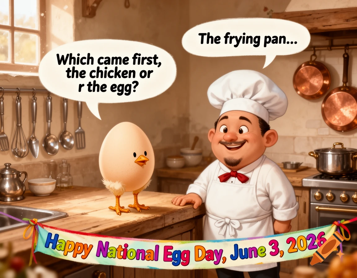 A cartoon chef in a kitchen smiles while an egg with chicken legs asks, "Which came first, the chicken or r the egg?" The chef replies, "The frying pan..." A banner reads "Happy National Egg Day, June 3, 2026."