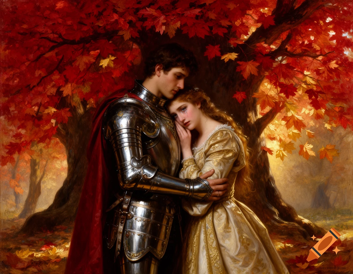 A knight hugs a crying princess under a vibrant red autumn tree, in a classical oil painting style.