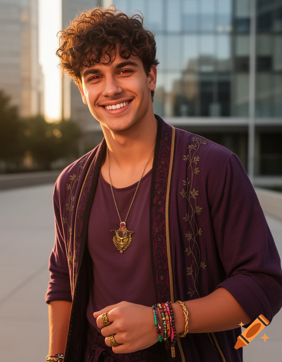 A smiling young man with curly hair and reddish eyes wears a purple bohemian jacket and colorful bracelets outdoors.