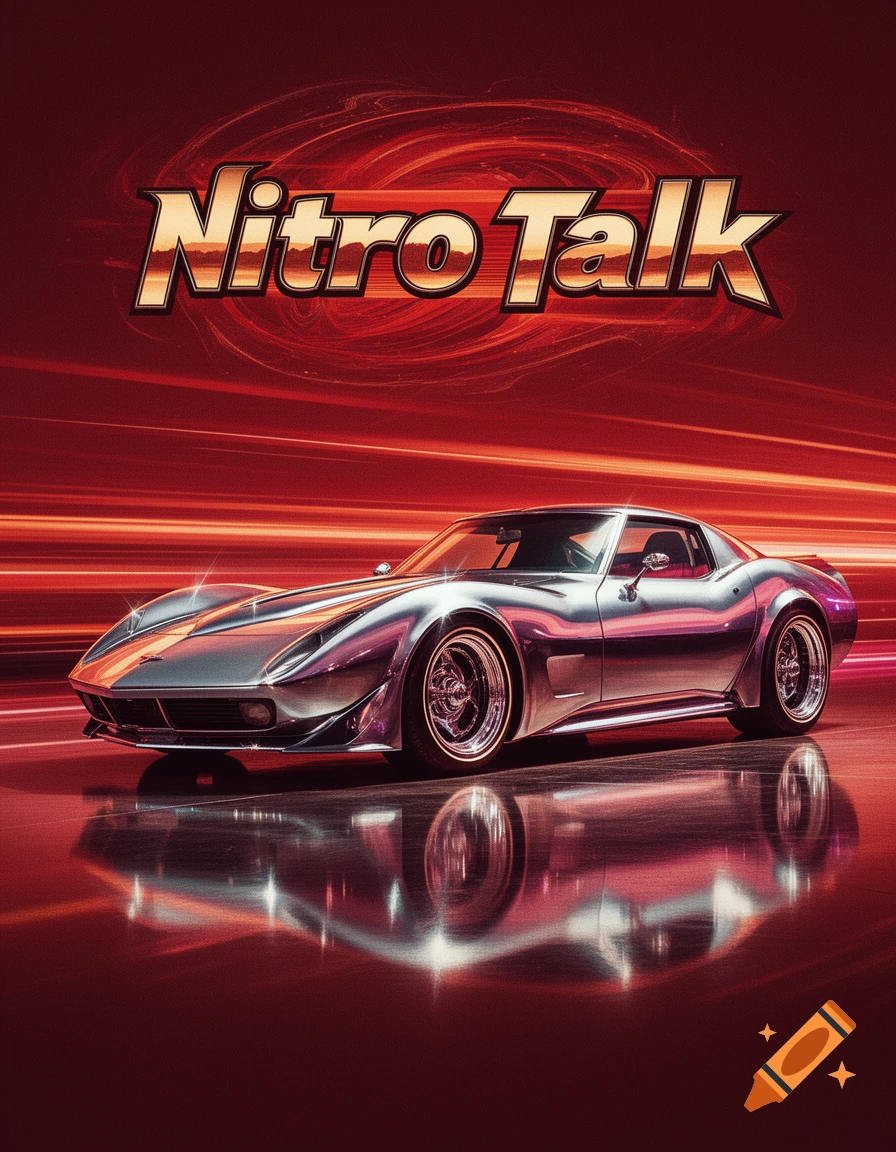 A shiny silver classic sports car on a reflective surface against a red, streaky background, with 'Nitro Talk' text at the top.