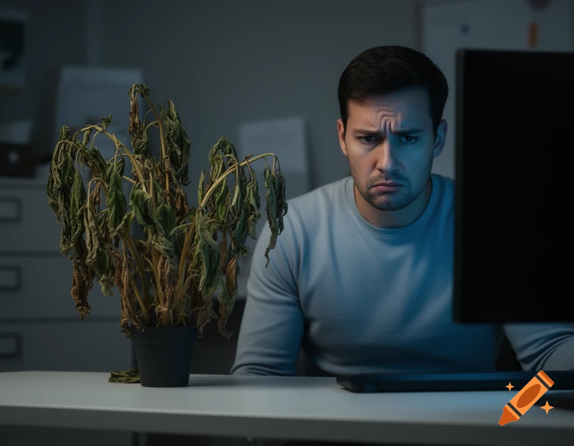 A distressed man looks at a computer screen next to a wilting potted plant on an office desk.
