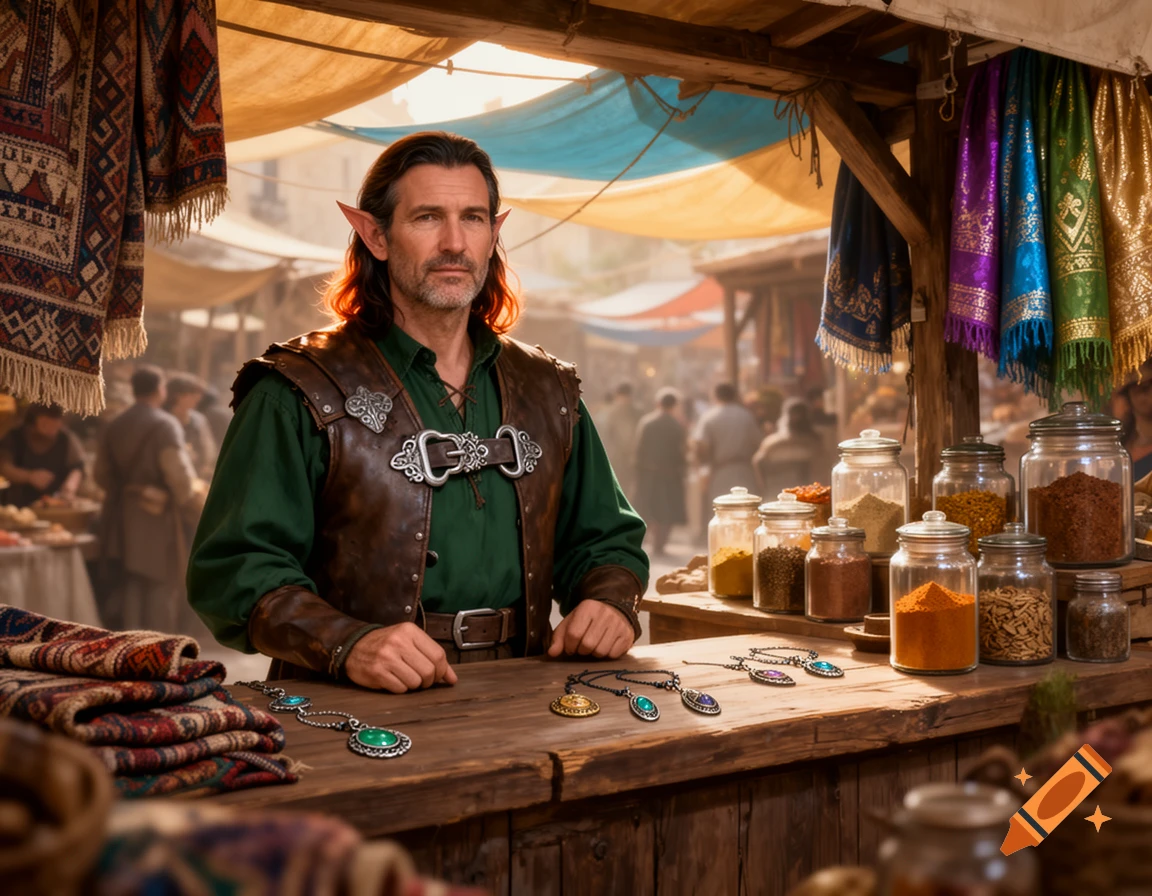 A middle-aged half-elf merchant with pointed ears stands behind a wooden counter in a bustling market, displaying necklaces and jars of spices.