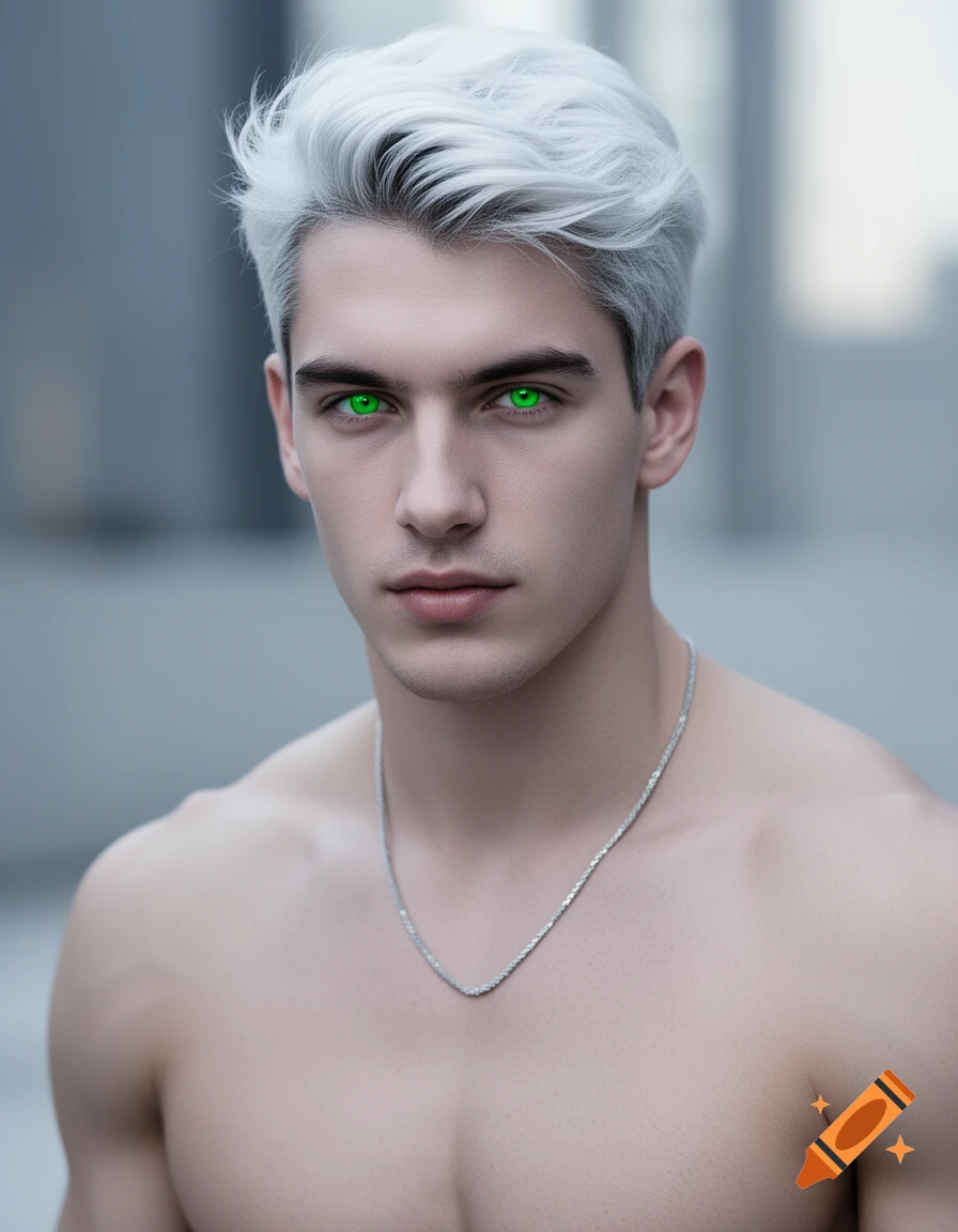Photorealistic portrait of a young man with white hair, bright green eyes, and a muscular physique wearing a silver chain.