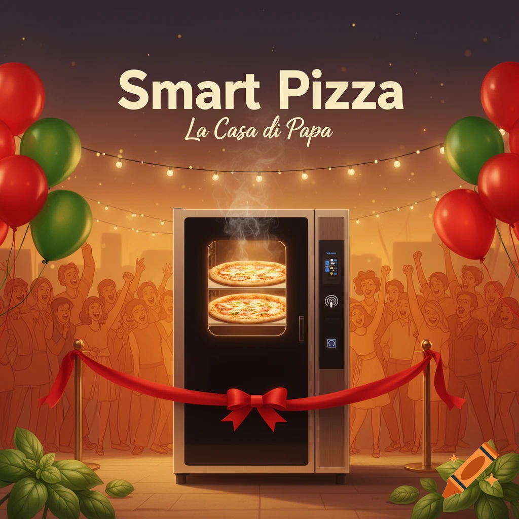 Semi-realistic illustration of 'Smart Pizza' vending machine with hot pizzas, cut red ribbon, balloons, and a happy crowd.