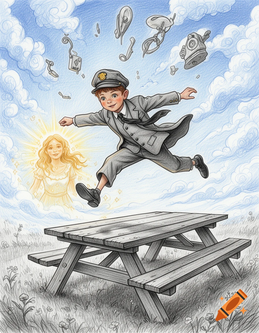 Hand-drawn illustration of a boy in a postman uniform leaping over a picnic table, with a glowing girl and floating objects in a cloudy sky.